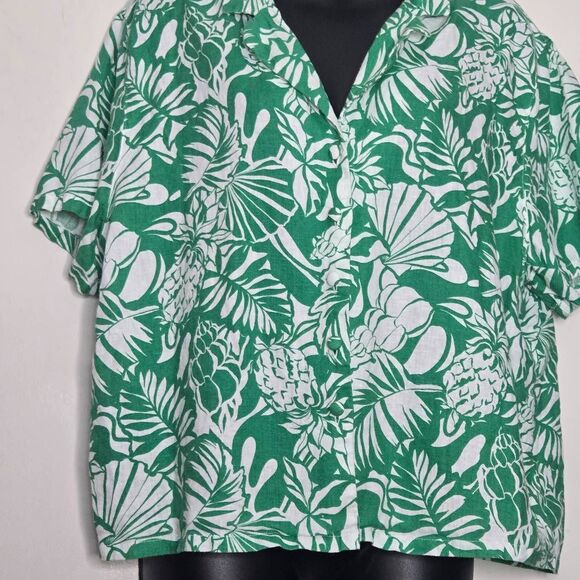 Nicole Miller 100% Linen Button-up Shirt Size Large Green White Tropical Beach V - Picture 3 of 5
